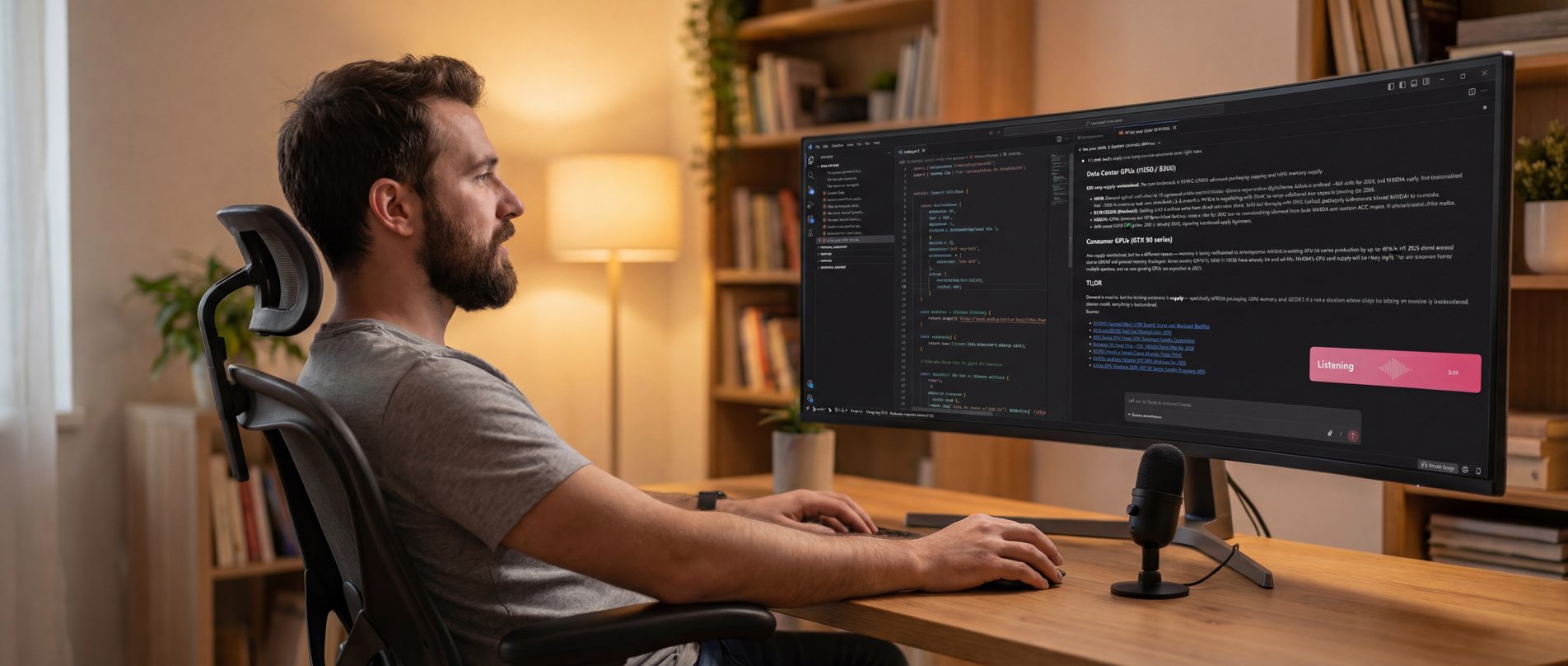Developer gebruikt spraakdicteren met Claude Code in VS Code, WhisperTyping luisterindicator zichtbaar op scherm