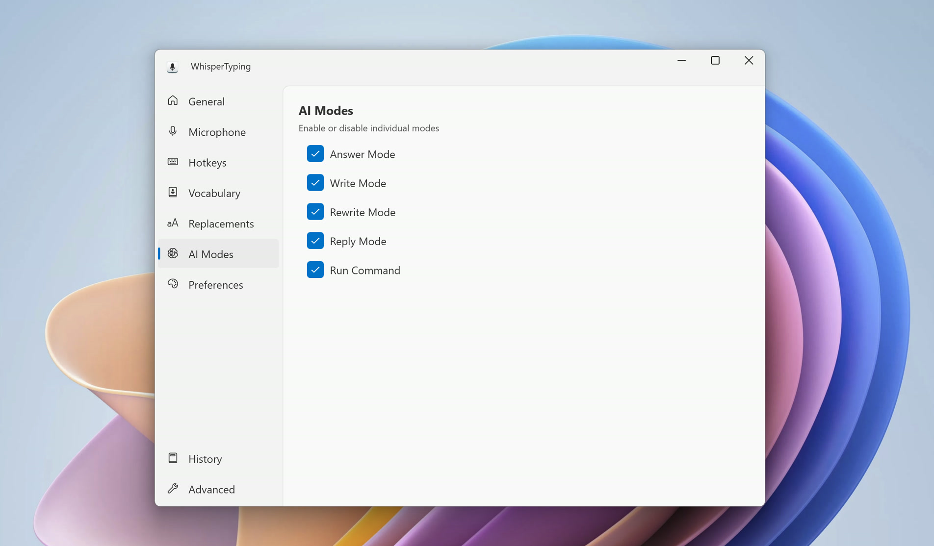AI Modes instellingenpagina met spraakopdracht opties