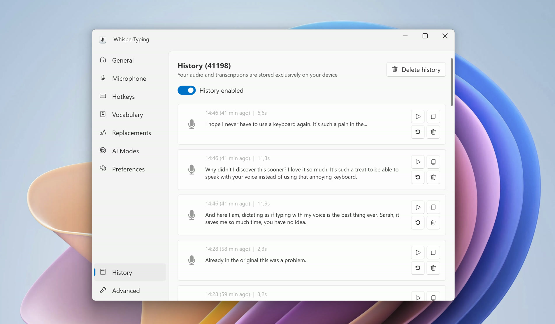 History instellingenpagina met eerdere transcripties en afspeelmogelijkheden