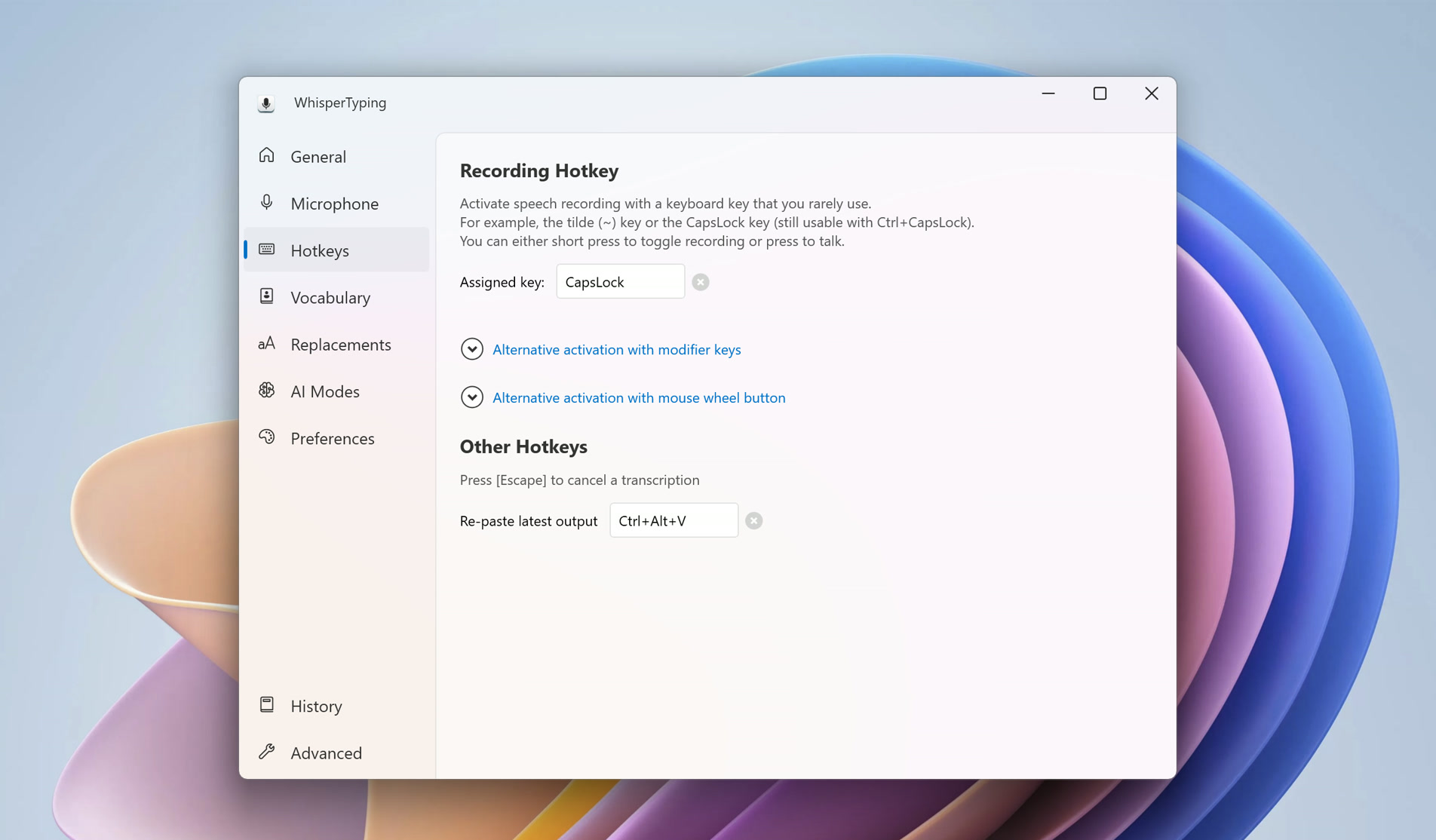 Hotkeys en activatie instellingenpagina