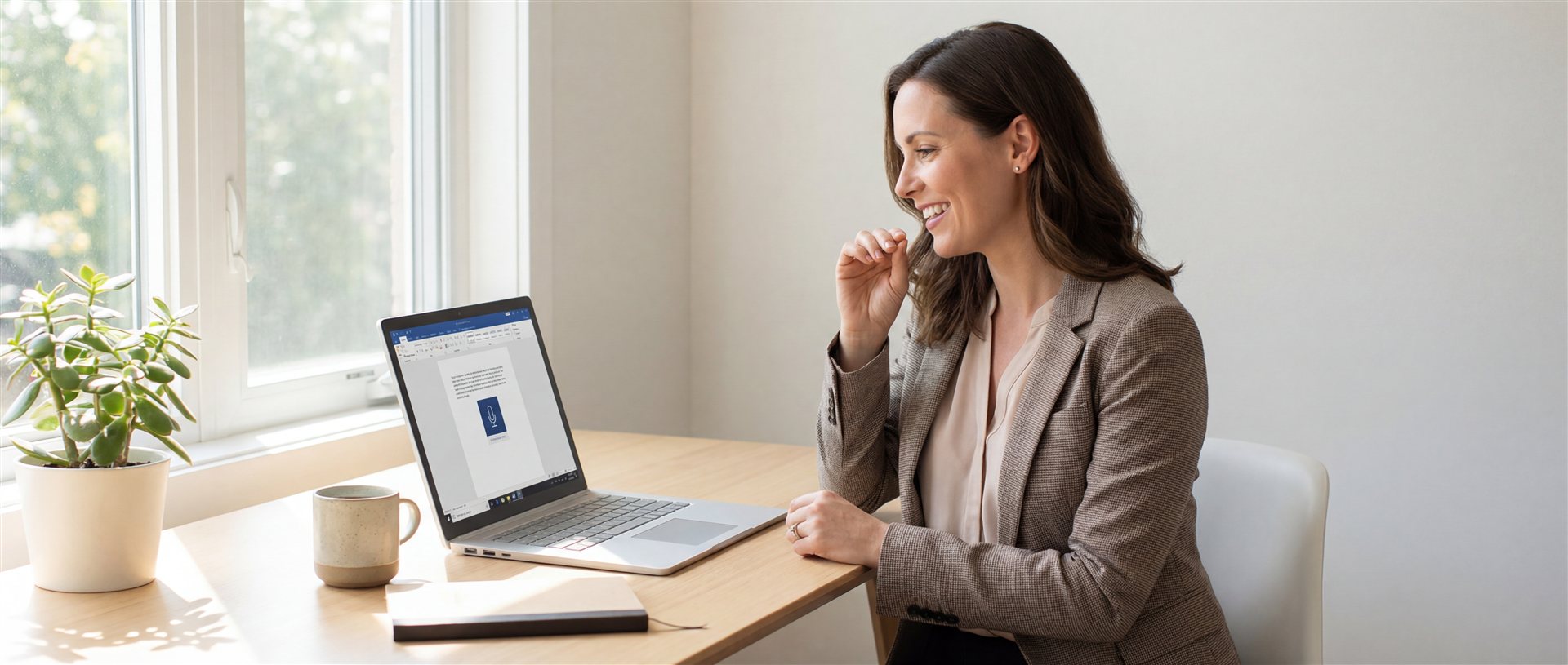 Professional gebruikt spraakdictering aan bureau