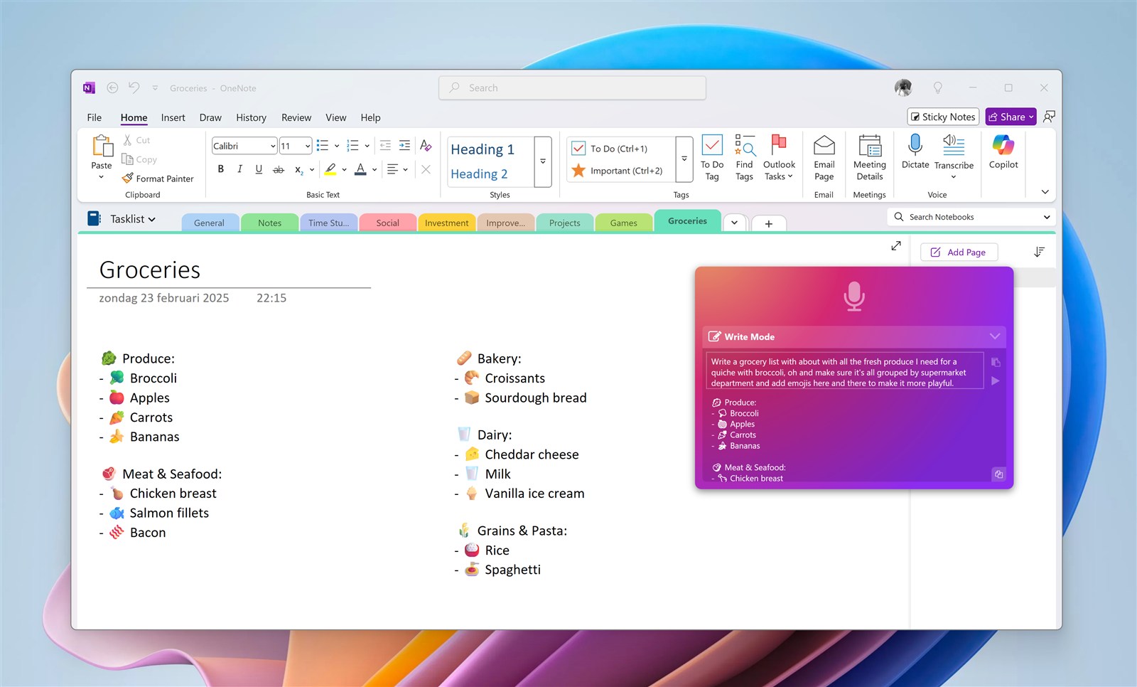 WhisperTyping Write Mode maakt een boodschappenlijstje in OneNote met emoji's