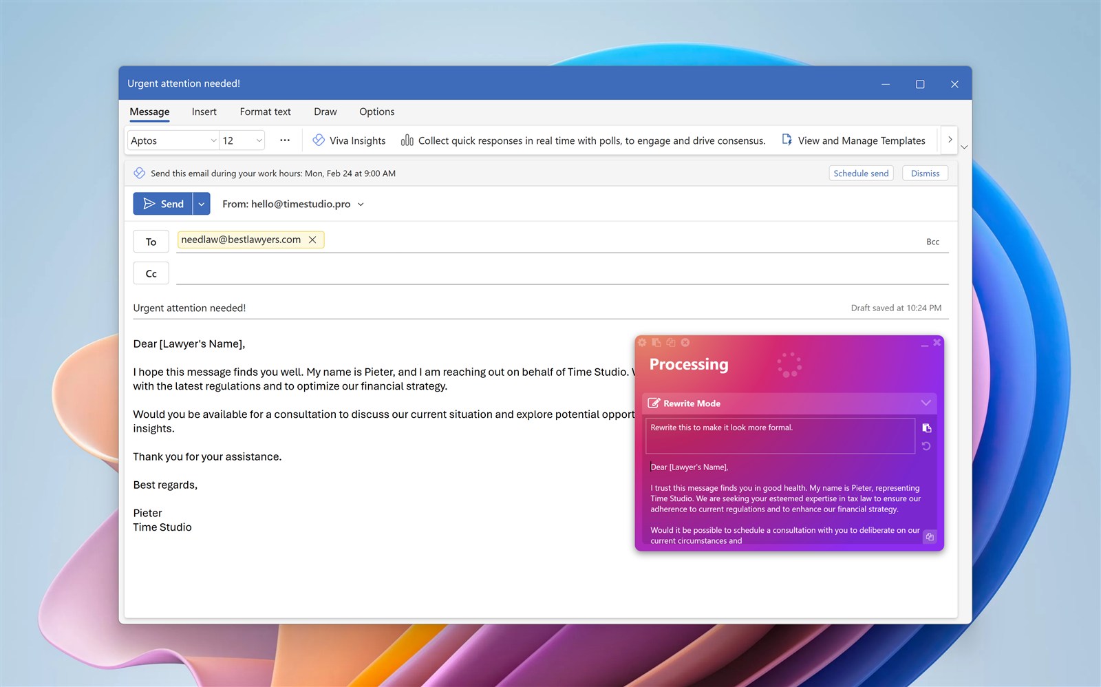 WhisperTyping Rewrite Mode maakt een e-mail formeler in Outlook