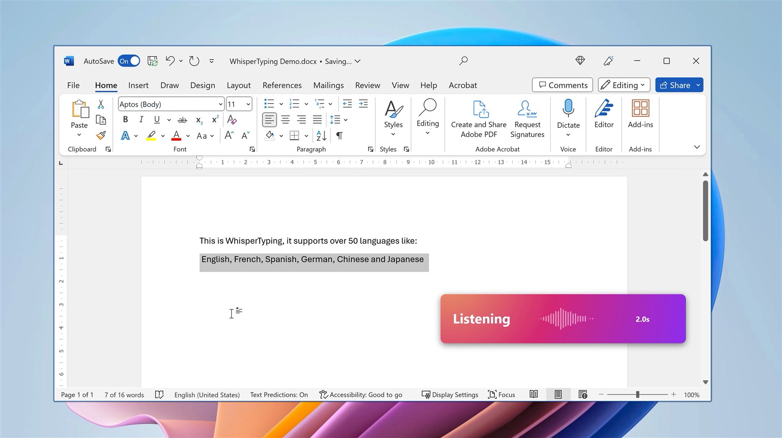 WhisperTyping spraakdictering in Microsoft Word